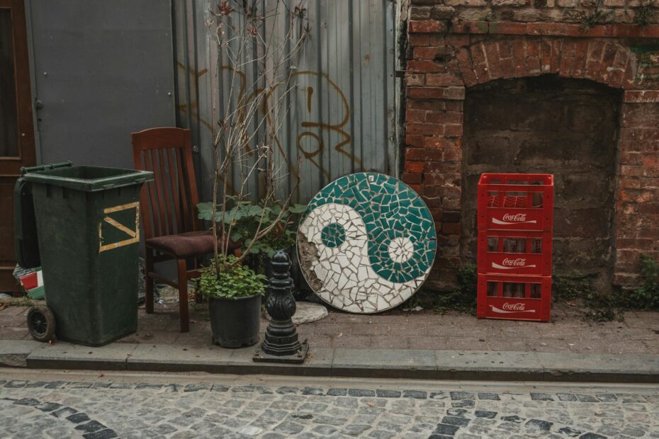 urban alleyway with yin yang mosaic