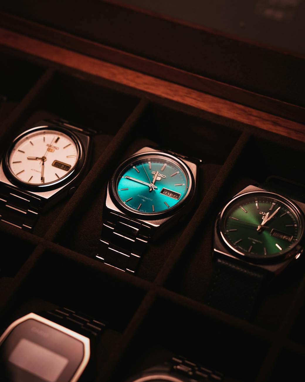 elegant display of luxury wristwatches in a case